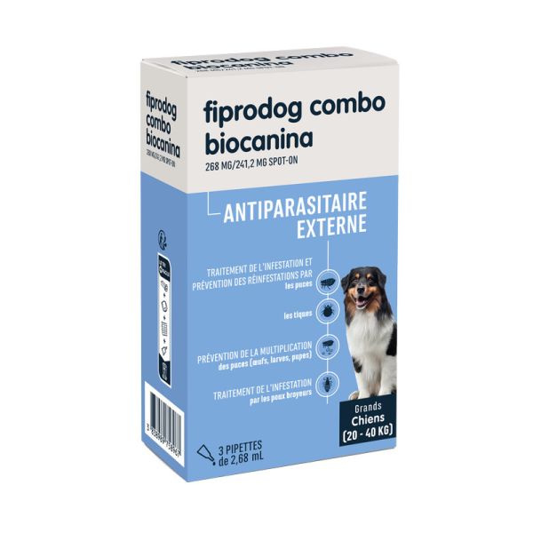 FIPRODOG COMBO BIOCANINA 268 MG/241,2 MG SPOT-ON POUR GRANDS CHIENS PIPETTE 2,68 ML 3