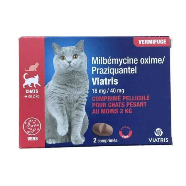 MILBEMYCINE / PRAZIQUANTEL 16MG/40MG CHAT Comprimé antiparasitaire endectocide pour chat, bt 2 comprimés