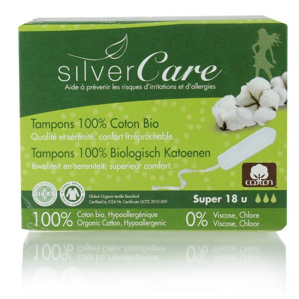 Silver Care Tampons en coton BIO - Super sans applicateur - boîte de 18 tampons