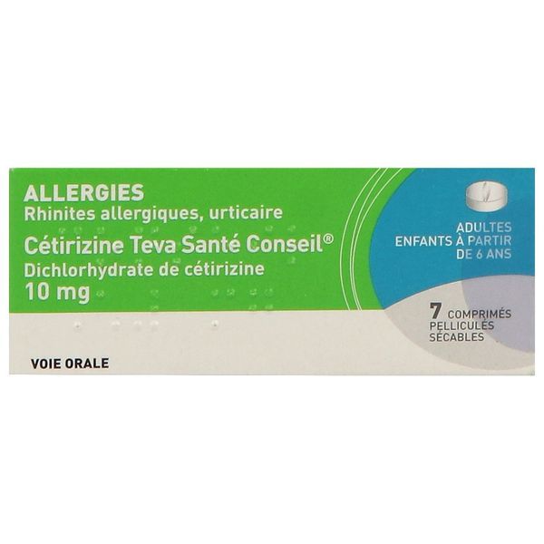 CETIRIZINE TEVA SANTE CONSEIL Comprimé pelliculé sécable 10 mg, boîte 7