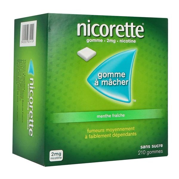 Nicorette Menthe Fraiche 2 Mg Sans Sucre (Nicotine) Gommes A Macher Medicamenteuses Edulcorees Au Xylitol Et A L'Acesulfame Potassique B/210