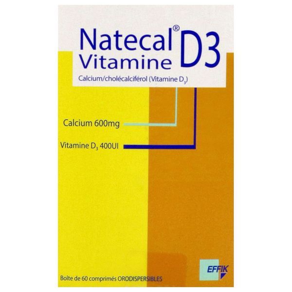 NATECAL VITAMINE D3 Comprimé orodispersible 600 mg/400 UI, flacon 60 avec un bouchon contenant une capsule déshydratante