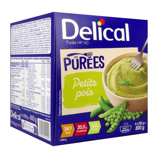 DELICAL LES PUREES Denrée alimentaire destinée à des fins médicales spéciales, petits pois, 200 g x 4