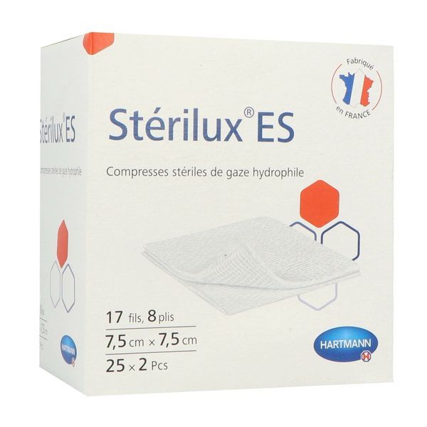 STERILUX ES Compresse de gaze hydrophile, stérile, sachet de 2 compresses, 17 fils, 8 plis, 7,5 cm x 7,5 cm, 25 sachets (ref. 241321), bt 50