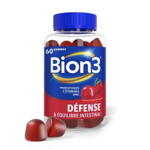 BION3 DEFENSE & EQULIBRE INTESTINAL Gomme à mâcher, complément alimentaire avec probiotiques, vitamines et zinc, bt 60