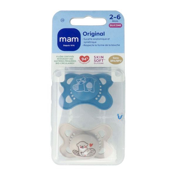 MAM ORIGINAL SUCETTE NATURE 2 - 6 MOIS Sucette anatomique, téterelle silicone, décorée, 1er âge, N° 39, bt 2