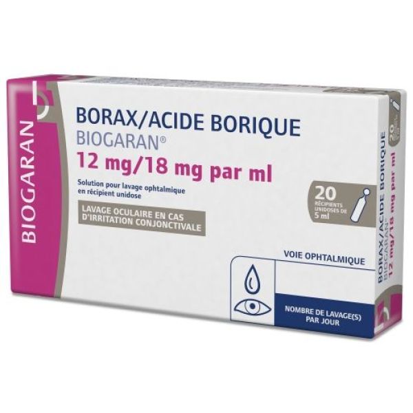 Borax/acide borique biogaran 12 mg/18 mg/ml, solution pour lavage  ophtalmique en récipient unidose