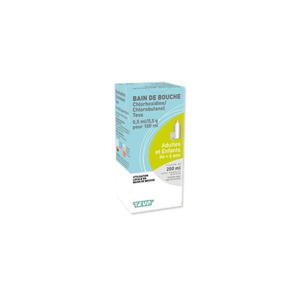CHLORHEXIDINE CHLOROBUTANOL TEVA Solution pour bain de bouche 0,5 ml/0,5 g pour 100 ml, boîte 1 flacon 200 ml avec gobelet doseur