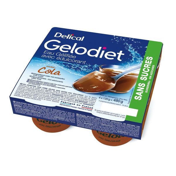 DELICAL GELODIET EAUX GELIFIEES AVEC EDULCORANT Denrée alimentaire destinée à des fins médicales spéciales, saveur cola, 120 g x 4