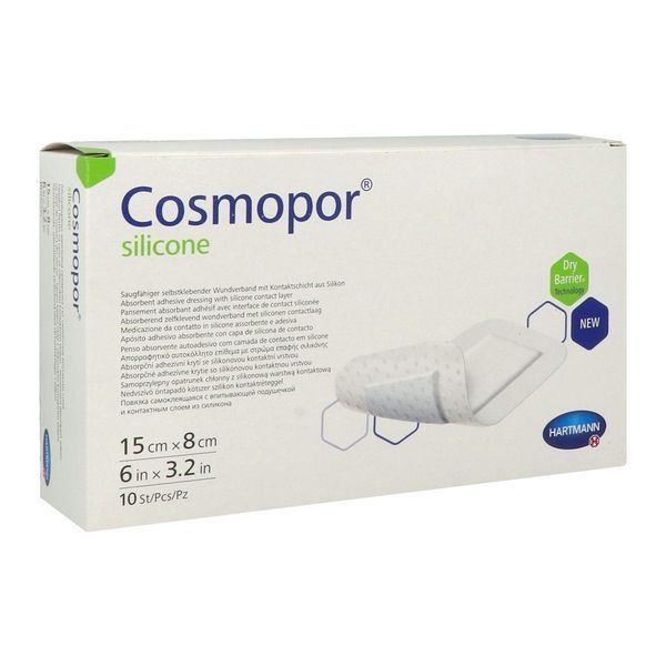 COSMOPOR SILICONE Pansement hydrocellulaire mince, autoadhérent, siliconé, stérile, 15 cm x 8 cm (ref. 901108), bt 10