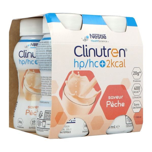 CLINUTREN BOISSON 2 KCAL Denrée alimentaire destinée à des fins médicales spéciales, saveur pêche, 200 ml x 4