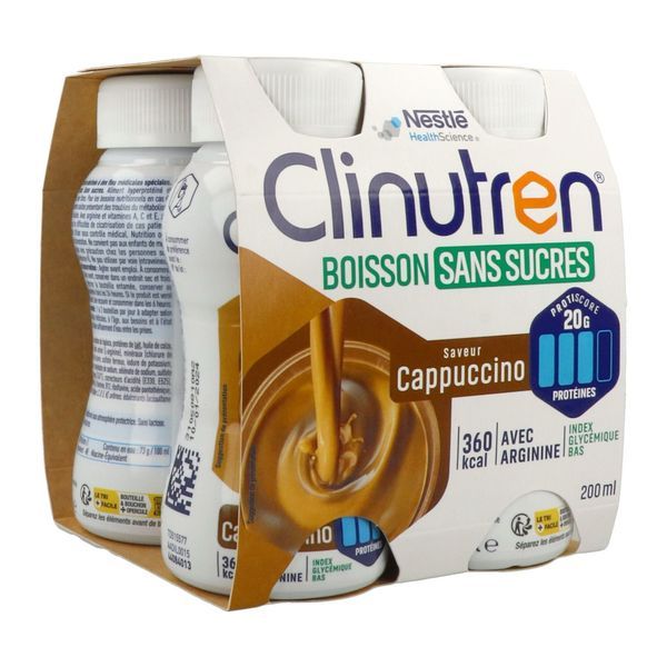 CLINUTREN BOISSON SANS SUCRES Denrée alimentaire destinée à des fins médicales spéciales, saveur cappuccino, 200 ml x 4