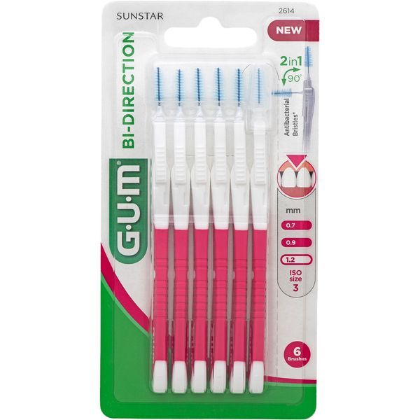 GUM BI - DIRECTION Brossette interdentaire conique, orientable jusqu'à 90° en 2 positions, 1,2 mm, manche rose (ref. 2614), blister 6