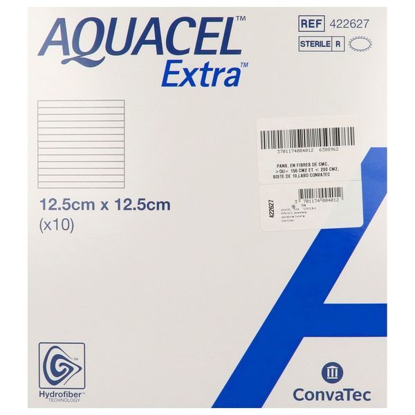 AQUACEL EXTRA Pansement hydrofibre absorbant, conformable et résistant, 12,5 cm x 12,5 cm (ref. 422627), bt 10