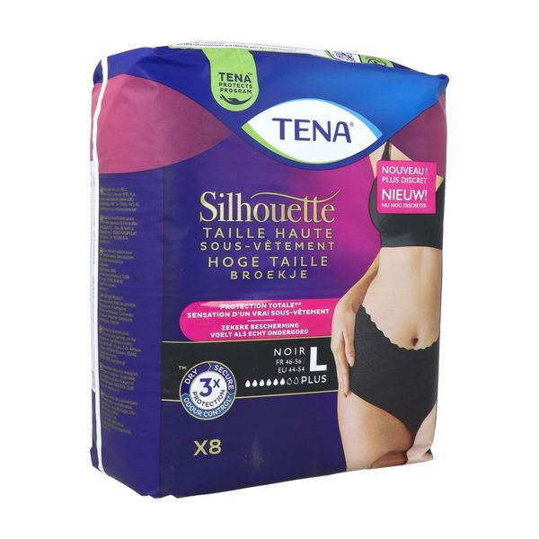 TENA SILHOUETTE PLUS Sous vêtement absorbant jetable pour incontinence urinaire, taille haute, femme, large, taille 46 - 56, sachet 8