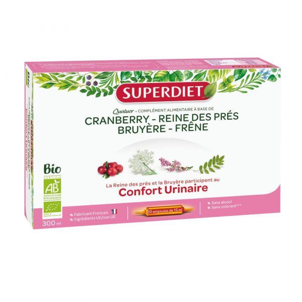 Superdiet Quatuor Confort urinaire Bio :cranberry, reine des près, bruyère, frêne - 20 ampoules