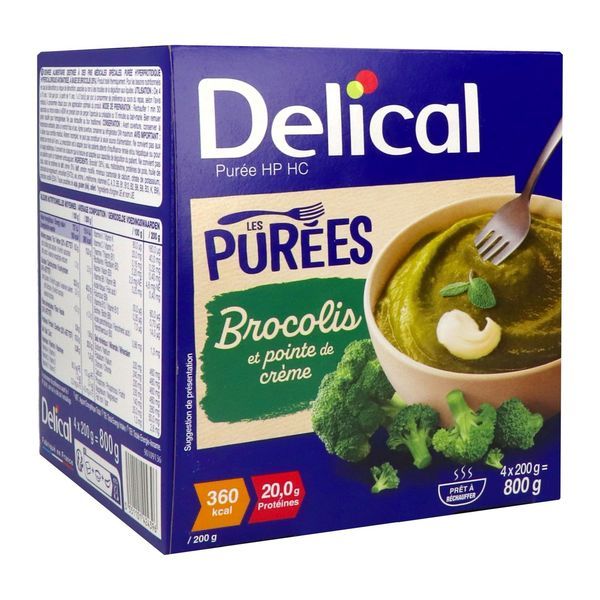 DELICAL LES PUREES Denrée alimentaire destinée à des fins médicales spéciales, brocolis, 200 g x 4