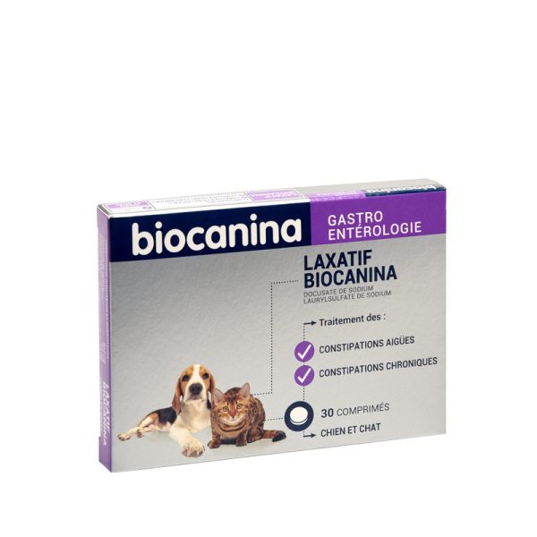 BIOCANINA GASTROENTEROLOGIE LAXATIF Comprimé pelliculé laxatif pour chien et chat, bt 30
