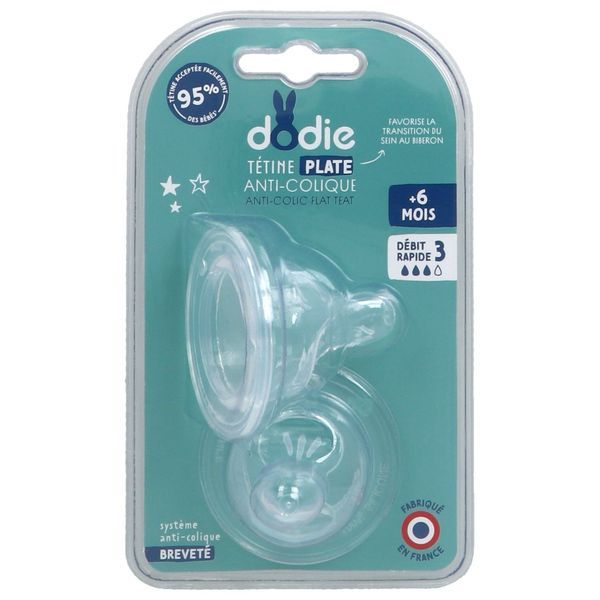 DODIE SENSATION PLUS TETINE DEBIT 3 Tétine plate, col large, silicone, pour biberon Dodie Sensation +, + 6 mois, blister 2