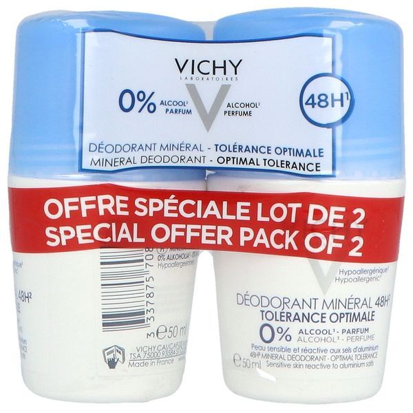 VICHY DEODORANT MINERAL 48 H TOLERANCE OPTIMALE BILLE Roll'on déodorant minéral, 48 H, 50 ml x 2