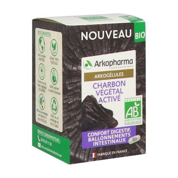 ARKOGELULES CHARBON VEGETAL ACTIVE BIO Gélule, complément alimentaire à base de charbon végétal activé, bt 80