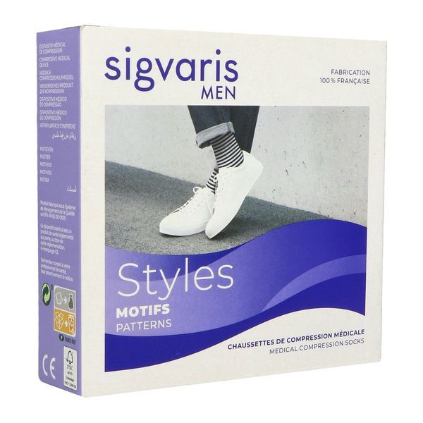 SIGVARIS 2 STYLES MOTIFS MARINIERE MEN Chaussette médicale de compression classe 2, motif marinière pour homme, marine et blanc, normal, XL (ref. 307784), paire