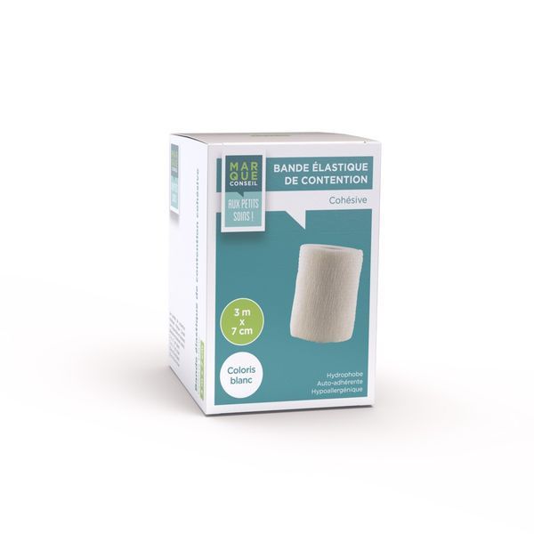 MARQUE CONSEIL BANDE ELASTIQUE DE CONTENTION Bande de contention élastique et cohésive, hypoallergénique, sans latex, blanc, 3 m x 7 cm, unité