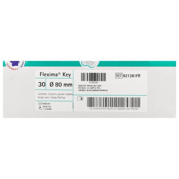 FLEXIMA KEY ROLL'UP Poche vidable, système 2 pièces à couplage adhésif, clamp souple, opaque, diamètre 80 mm (ref. 621281FR), bt 30