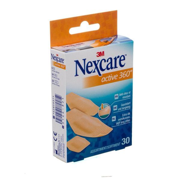 NEXCARE ACTIVE 360° Pansement prédécoupé, adhésif 4 côtés, antichoc, sans latex, assortis, bt 30