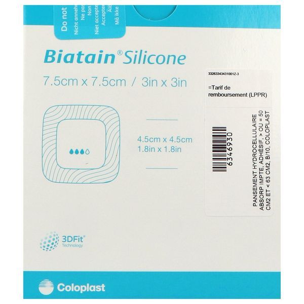 BIATAIN SILICONE Pansement hydrocellulaire bord adhésif siliconé, repositionnable, stérile, 7,5 cm x 7,5 cm (ref. 334343), bt 10