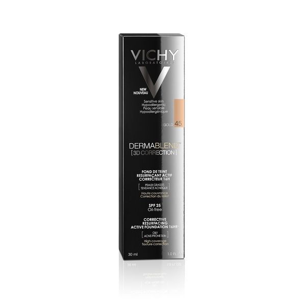 DERMABLEND 3D CORRECTION FOND DE TEINT Fond de teint resurfaçant correcteur 3D, n° 45, doré, tube 30 ml