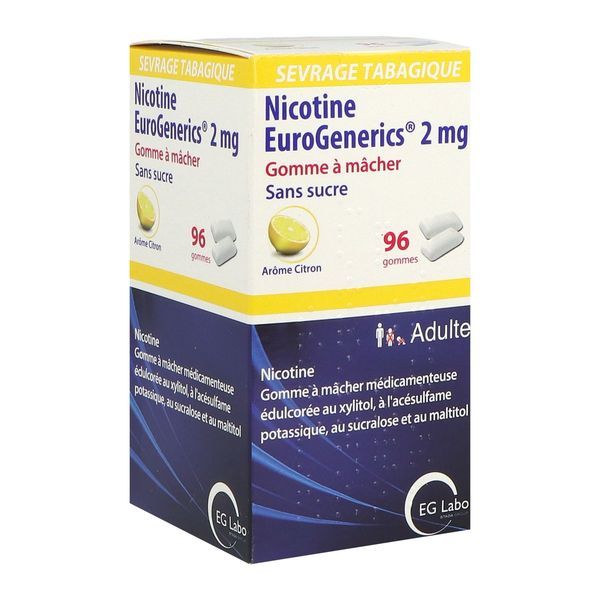 NICOTINE EUROGENERICS CITRON SANS SUCRE Gomme à mâcher médicamenteuse 2 mg, boîte 96