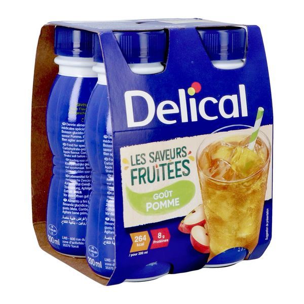 DELICAL LES SAVEURS FRUITEES Denrée alimentaire destinée à des fins médicales spéciales, goût pomme, 200 ml x 4