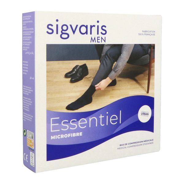 SIGVARIS 2 ESSENTIEL MICROFIBRE MEN MOINS Bas cuisse médical de compression classe 2, fibre Nilit, cuisse fine, noir, long, large (ref. 303126), paire