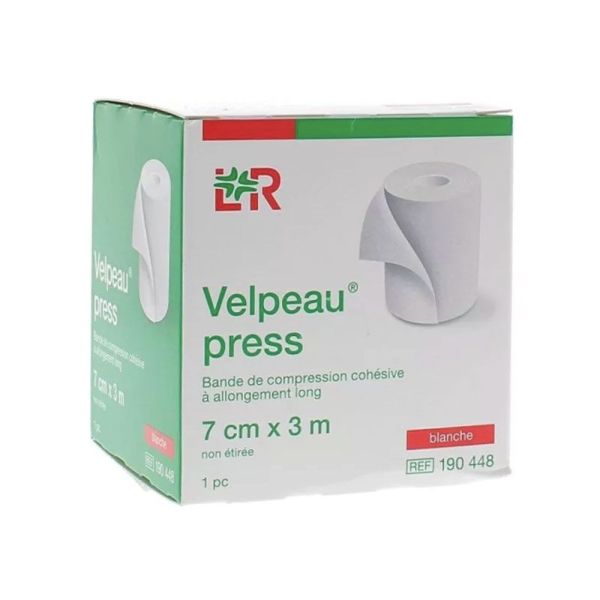 VELPEAU PRESS Bande de compression cohésive, allongement long, force 1, 20 cN/cm à 45 cN/cm, blanc, 3 m X 7 cm (ref. 190448), unité