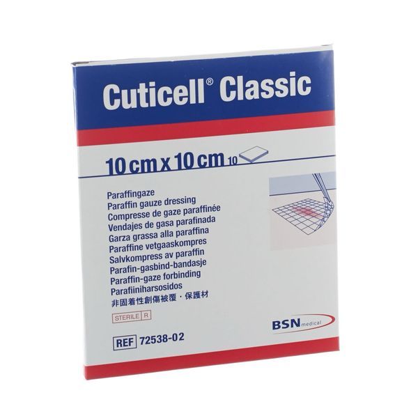 CUTICELL CLASSIC Pansement gras de gaze paraffinée, à usage unique, stérile, 10 cm x 10 cm (ref. 72538-09), bt 10