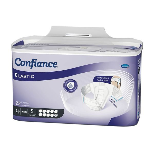CONFIANCE ELASTIC 10 G Change-complet hypoallergénique, avec ailes élastiques, incontinence forte, small (ref. 165015), sachet 22