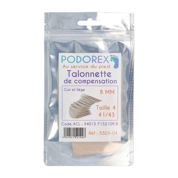 PODOREX TALONNETTE DE COMPENSATION Talonnette de compensation en liège caoutchouc résistant, 8 mm, taille 4, pointure 41 - 43, unité