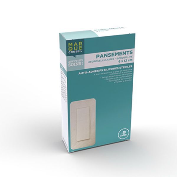 MARQUE CONSEIL PANSEMENTS HYDROCELLULAIRES BORDER LITE Pansement hydrocellulaire autoadhérent, siliconé, stériles, bords adhésifs, 6 cm x 12 cm, bt 10