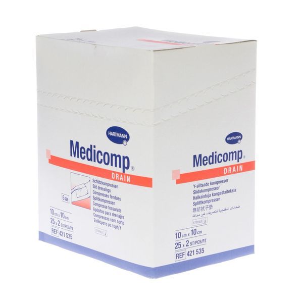 MEDICOMP DRAIN Compresse en non tissé stérile pour drain et trachéotomie, 6 plis, 10 cm x 10 cm (ref. 421535), bt 25 sachets