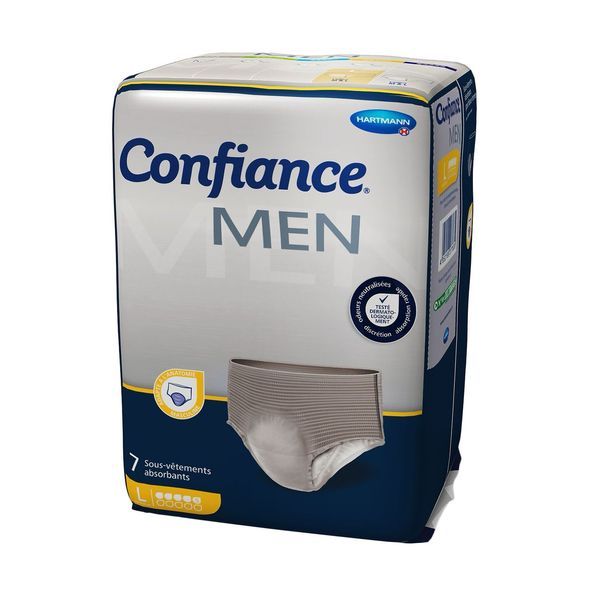 CONFIANCE MEN ABSORPTION 5 G SOUS - VETEMENT Slip absorbant jetable pour incontinence urinaire, adulte, large (ref. 915 552), sac 7