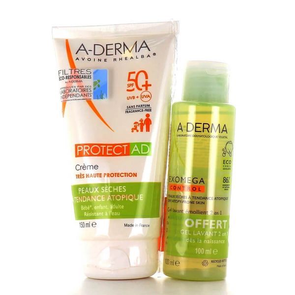 A-Derma Protect AD Crème solaire SPF 50+ avec gel lavant exomega Offert