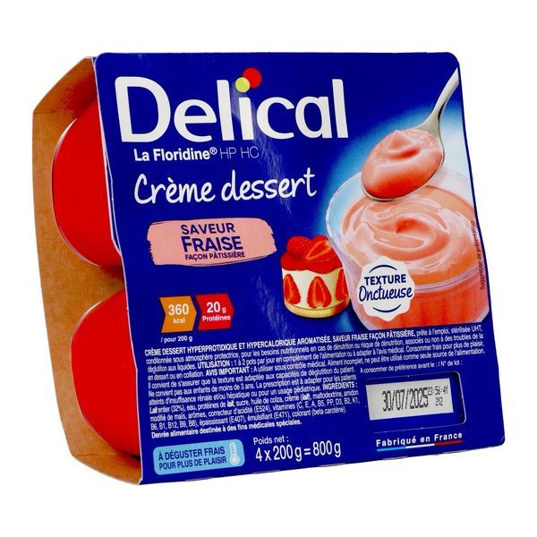 DELICAL LA FLORIDINE HP HC CREME DESSERT Denrée alimentaire destinée à des fins médicales spéciales, saveur fraise, pot 200 g x 4