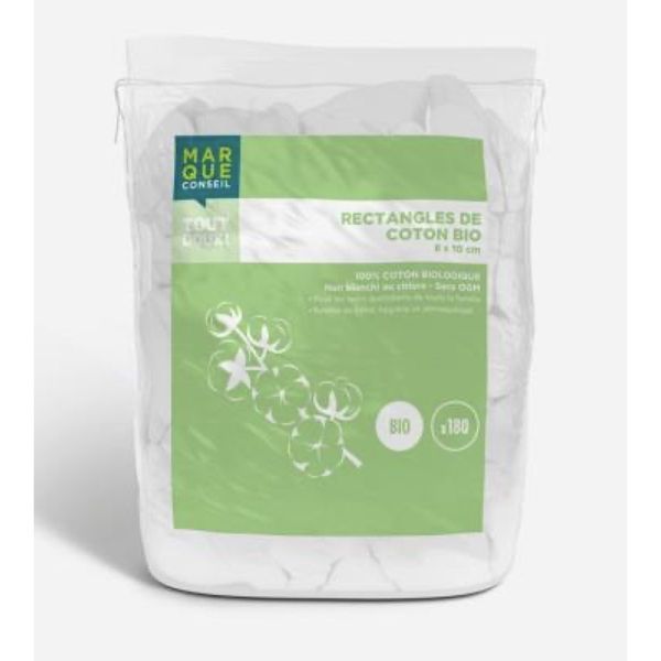 MARQUE CONSEIL RECTANGLE DE COTON BIO Rectangle de coton hydrophile bio, vrac, 8 cmx 10 cm, sac 180