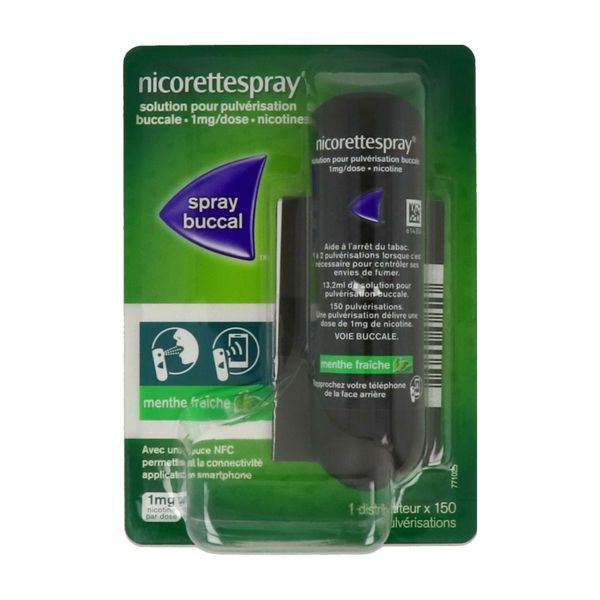 NICORETTESPRAY Solution pour pulvérisation buccale 1 mg/dose, boîte 1 flacon 13,2 ml avec puce NFC sous l'étiquette arrière du pulvérisateur permettant la connectivité avec application smartphone
