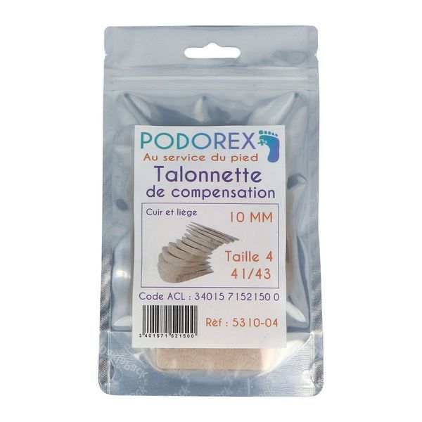 PODOREX TALONNETTE DE COMPENSATION Talonnette de compensation en liège caoutchouc résistant, 10 mm, taille 4, pointure 41 - 43, unité