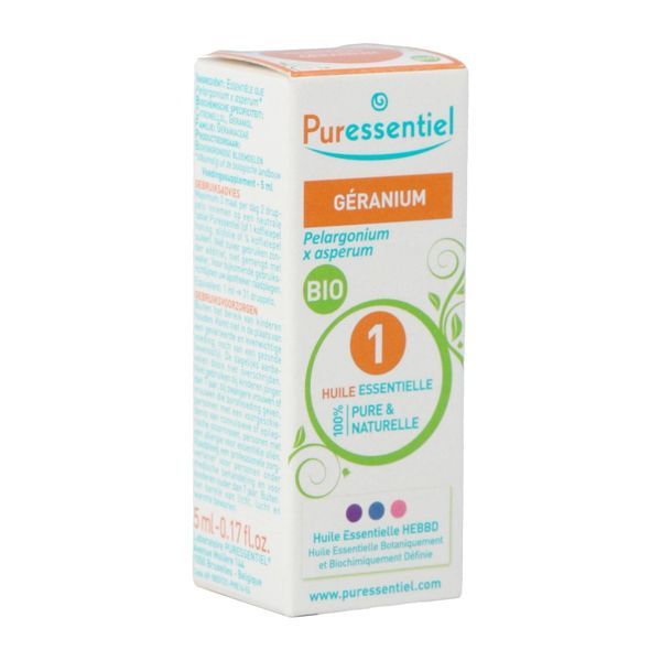 PURESSENTIEL HUILE ESSENTIELLE BIO COMPLEMENT ALIMENTAIRE Complément alimentaire, huile essentielle de géranium rosat HEBBD, fl 5 ml