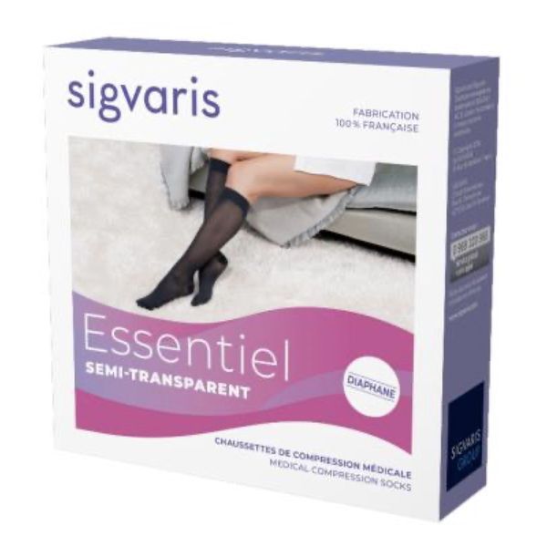 SIGVARIS 2 ESSENTIEL SEMI - TRANSPARENT PLUS Chaussette médicale de compression, classe 2, mollet fort, pour femme, dune, long, small (ref. 302354), paire