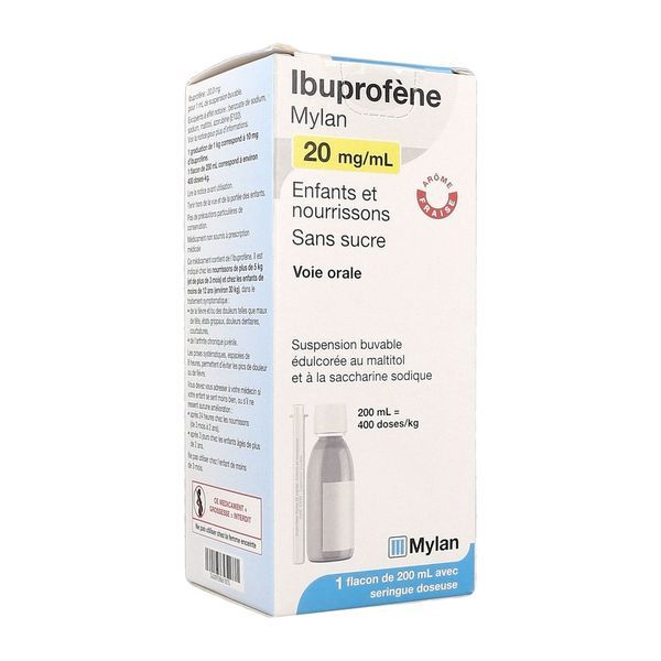 IBUPROFENE VIATRIS ENFANT NOURRISSON Suspension buvable édulcorée au maltitol et à la saccharine sodique 20 mg/ml, flacon 200 ml avec seringue pour administration orale