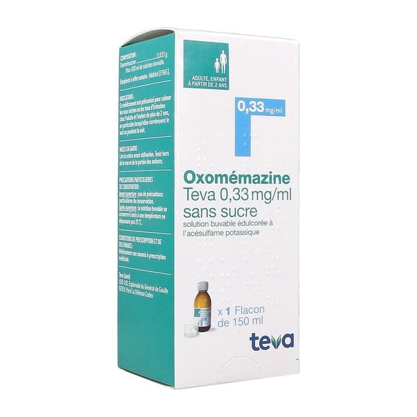 OXOMEMAZINE TEVA SANS SUCRE Solution buvable édulcorée à l'acésulfame potassique 0,33 mg/ml, flacon 150 ml avec gobelet doseur